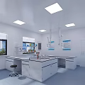 Clean White Laboratory Interior Design With Lab Benches Ventilation Hoods Yellow Cabinets And Blue Posters