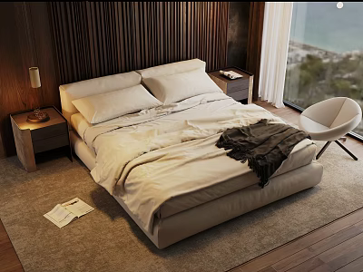 Beige Double Bed In Modern Bedroom With Wooden Wall Paneling Nightstand Lamp And Sea View Window 3d model