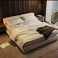 Beige Double Bed In Modern Bedroom With Wooden Wall Paneling Nightstand Lamp And Sea View Window