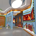 Cultural Art Exhibition Hall Interior With Blue Walls Display Shelves Artworks And Circular Ceiling Lights