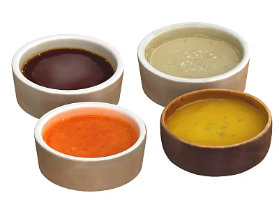 Different Colorful Sauces Served in Ceramic Bowls on White Background 3d model