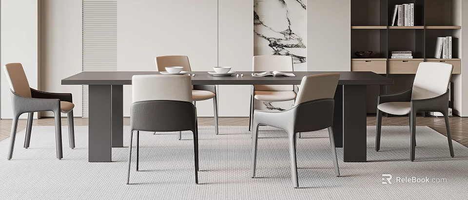 Modern Minimalist Luxury Dining Room Scene With Dark Table And Light Gray Beige Chairs 3d model 