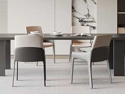 Modern Minimalist Luxury Dining Room Scene With Dark Table And Light Gray Beige Chairs 3d model