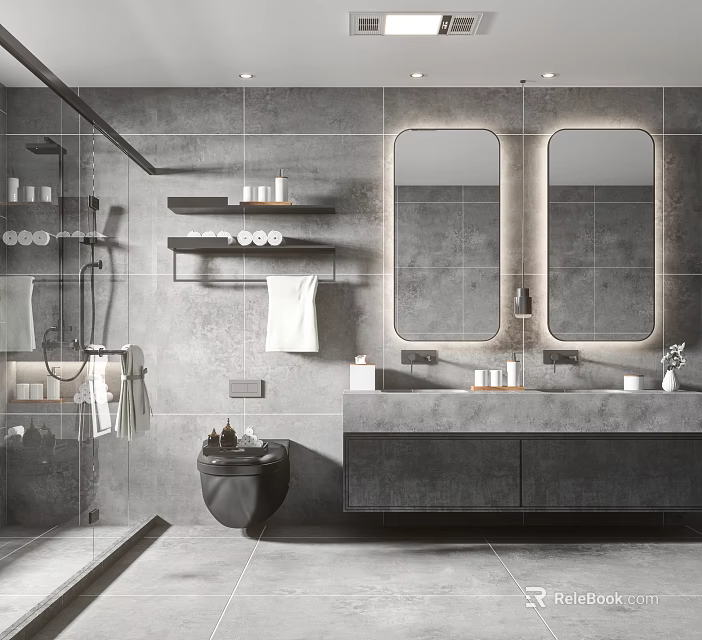 Modern Bathroom Interior With Gray Tiles Double Mirrors Double Sinks Open Shower And Wall Shelves 3d model 