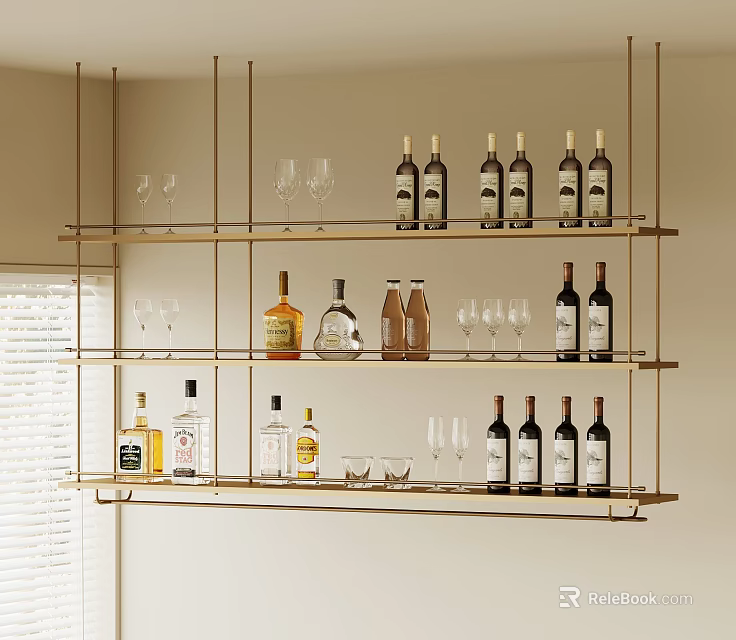 Stylish Wall Mounted Metal Wine Rack With Multi Tiered Design For Wine Bottles And Glassware 3d model 