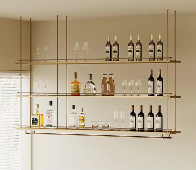 Stylish Wall Mounted Metal Wine Rack With Multi Tiered Design For Wine Bottles And Glassware 3d model