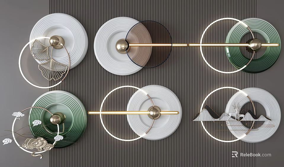 Creative Wall Decorations Circular Plates With White Green Black Tones Golden Rods And Brass Balls 3d model 