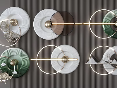 Creative Wall Decorations Circular Plates With White Green Black Tones Golden Rods And Brass Balls 3d model