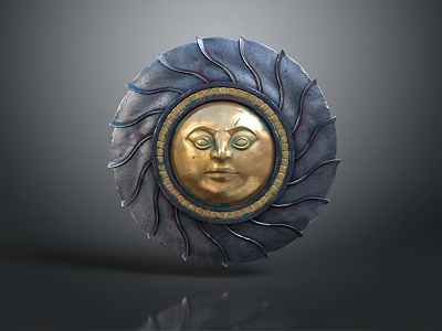 Decorative Metallic Shield With Sun Face Design And Intricate Circular Details 3d model