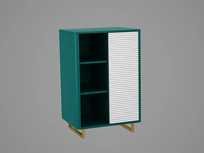Modern Green Decorative Cabinet With Open Shelves Ribbed Door And Golden Legs 3d model