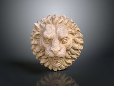 Stone Lion Head Sculpture With Detailed Mane And Facial Features On Dark Reflective Surface 3d model