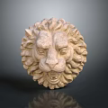 Stone Lion Head Sculpture With Detailed Mane And Facial Features On Dark Reflective Surface