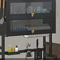Modern Kitchen Storage Shelf With Spice Bottles Bread And Utensil Hooks Above Sink