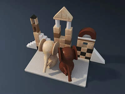 Wooden Block Castle Tower With Light And Dark Elephant Figures On White Base 3d model