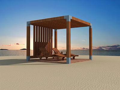 Relaxing Wooden Pergola with Loungers on Sandy Beach at Sunset by Ocean 3d model