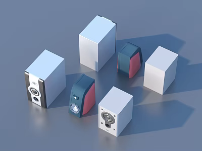 Modern Compact Cube Shaped Household Items In White Blue And Red With Functional Details 3d model