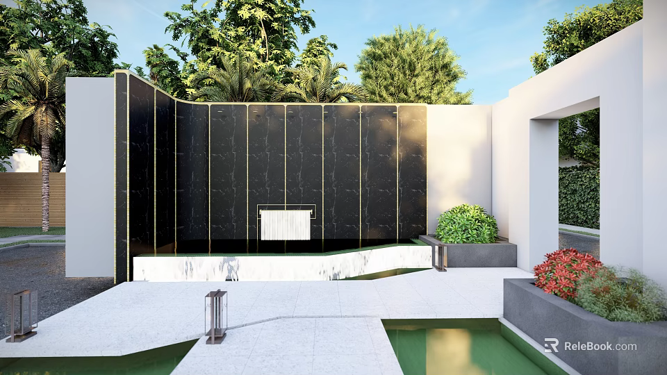 Modern Black Feature Wall With Golden Lines Surrounding Green Plants And Water Pool 3d model 
