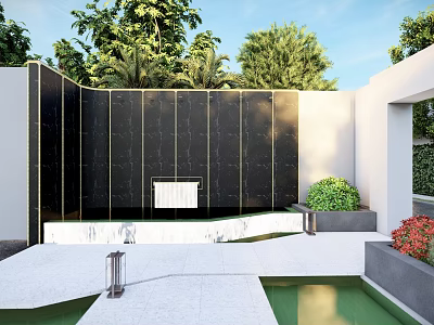 Modern Black Feature Wall With Golden Lines Surrounding Green Plants And Water Pool 3d model