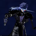Man With Dark Blue Hair In Black Outfit Holding Lantern And Red Glowing Eyes