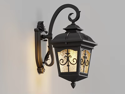 Ornate Black Vintage Wall Sconce With Illuminated Glass Shade Mounted On White Wall 3d model