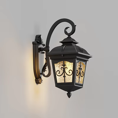 Ornate Black Vintage Wall Sconce With Illuminated Glass Shade Mounted On White Wall 3d model