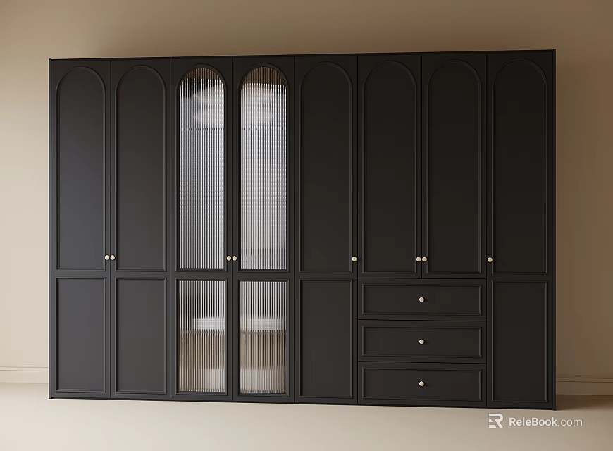 Stylish Black Modern Wardrobe With Glass Panel Doors And Storage Drawers Design 3d model 