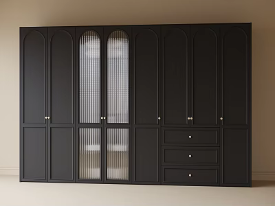 Stylish Black Modern Wardrobe With Glass Panel Doors And Storage Drawers Design 3d model