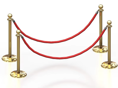 Elegant Golden Railing Posts With Red Ropes And Crystal Bases For Events 3d model