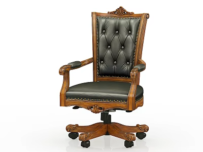 Vintage Office Chair With Wooden Frame Black Leather Tufted Design And Carved Armrests 3d model