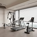 Modern Home Gym Setup With Treadmill Exercise Bike Bench And Large Windows 3d model