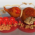 Chinese New Year Decorations With Red Circular Plaques Gourd Ornament And Golden Coins