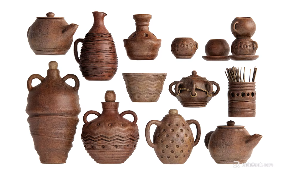 Handcrafted Earth Toned Ceramic Vessels With Textured Patterns And Diverse Shapes 3d model 