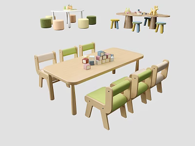 Children's Table And Chair Set With Light Wood And Green Seats For Kids Room 3d model