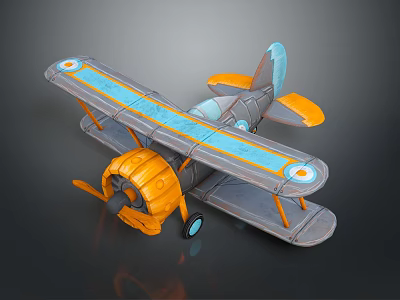 Detailed Toy Biplane 3D Model with Orange Gray Body Blue Stripes and Propeller 3d model