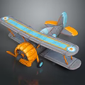 Detailed Toy Biplane 3D Model with Orange Gray Body Blue Stripes and Propeller