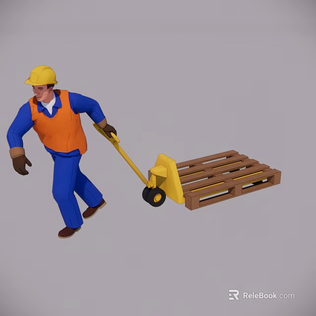 Man in Yellow Hard Hat Orange Vest Blue Clothes Pushing Yellow Cart with Wooden Pallet 3d model 