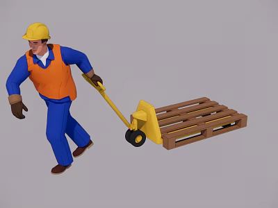 Man in Yellow Hard Hat Orange Vest Blue Clothes Pushing Yellow Cart with Wooden Pallet 3d model