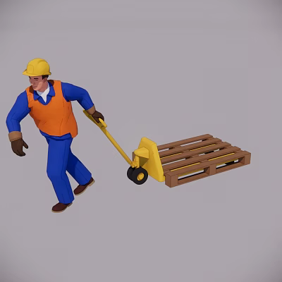 Man in Yellow Hard Hat Orange Vest Blue Clothes Pushing Yellow Cart with Wooden Pallet 3d model