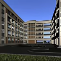 Modern Multi Story School Building with Central Courtyard Greenery Trees and People Walking