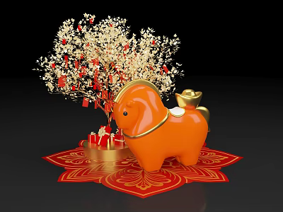 Festive Photo Spot With Orange Pony Gold Ingot White Flower Tree And Red Patterned Mat 3d model