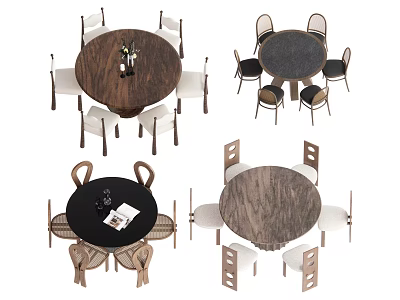 Modern Round Dining Table Sets With Wooden Tops And Matching Chairs 3d model
