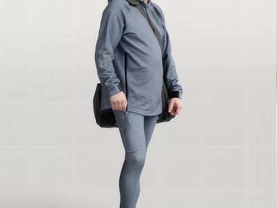 Man Wearing Gray Hoodie and Gray Leggings Carrying Black Bag Standing on White Background 3d model