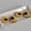 Four Round Jam Cookies With Sugar Sprinkles On White Rectangular Plate 3d model