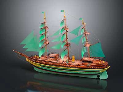 Sailing Ship With Multiple Masts Green Sails Brown Hull Green And Yellow Bottom Stripes 3d model