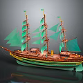 Sailing Ship With Multiple Masts Green Sails Brown Hull Green And Yellow Bottom Stripes