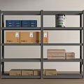 Gray Metal Storage Shelving Unit with Blue Boxes Brown Cardboard Boxes and a Can 3d model