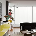 Modern Living Room Interior With Yellow Cabinet Black Sofa Glass Coffee Table And Geometric Decorations