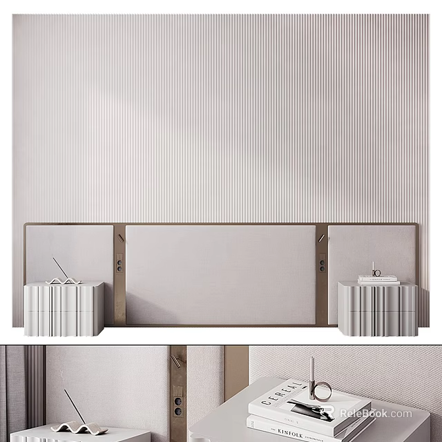 Chic Modern Bed Background Wall With Soft Upholstered Panels And Decorative Items 3d model 