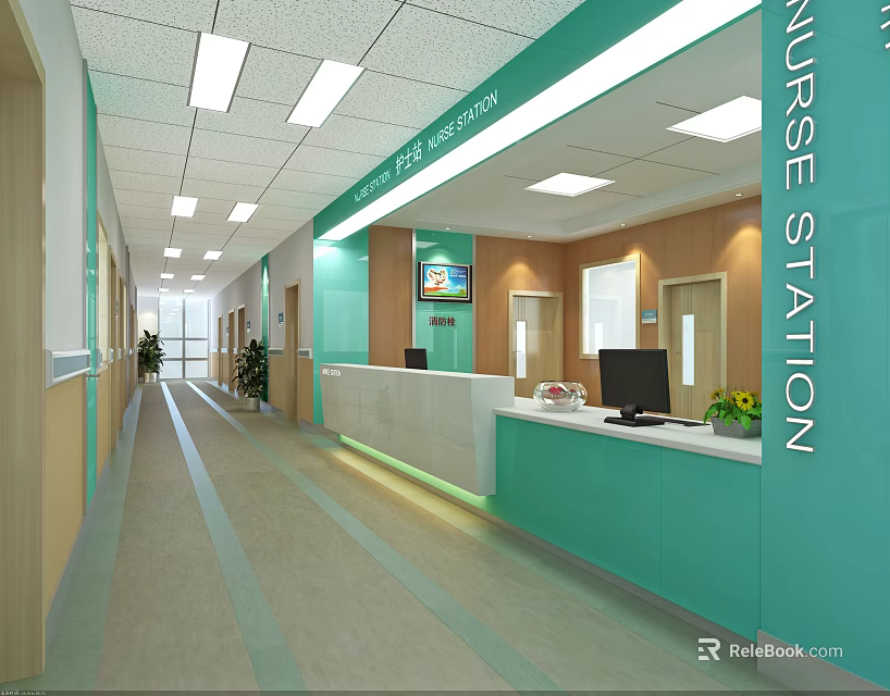 Hospital Nurse Station Hallway With Green Accents Wooden Walls White Ceiling Lights Computer And Plants 3d model 