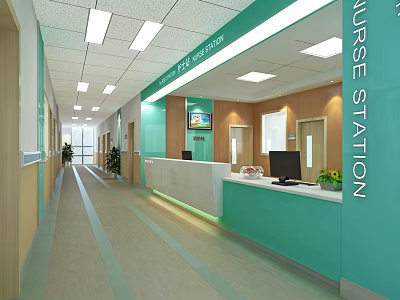 Hospital Nurse Station Hallway With Green Accents Wooden Walls White Ceiling Lights Computer And Plants 3d model